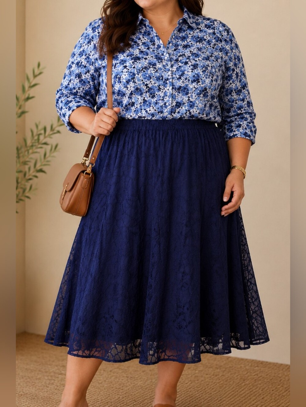 Multiples 1X Navy Blue Textured Cotton Midi Skirt Plus Size Elastic Waist Lined